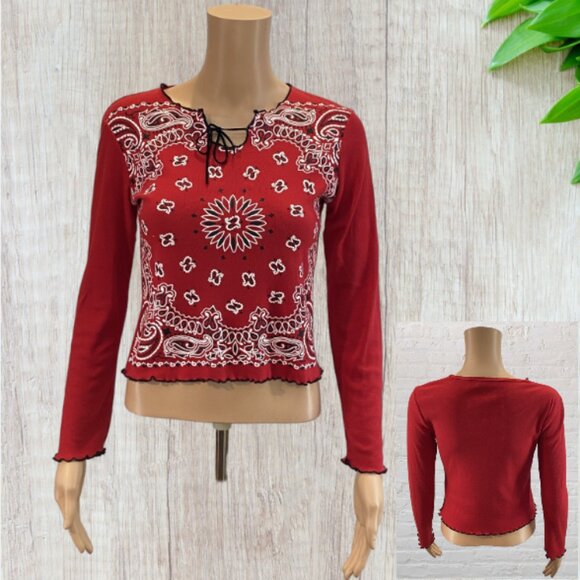 Energie Tops - VINTAGE ENERGIE -- Kerchief Top, Red w/ White Kerchief Pattern, Black Trim